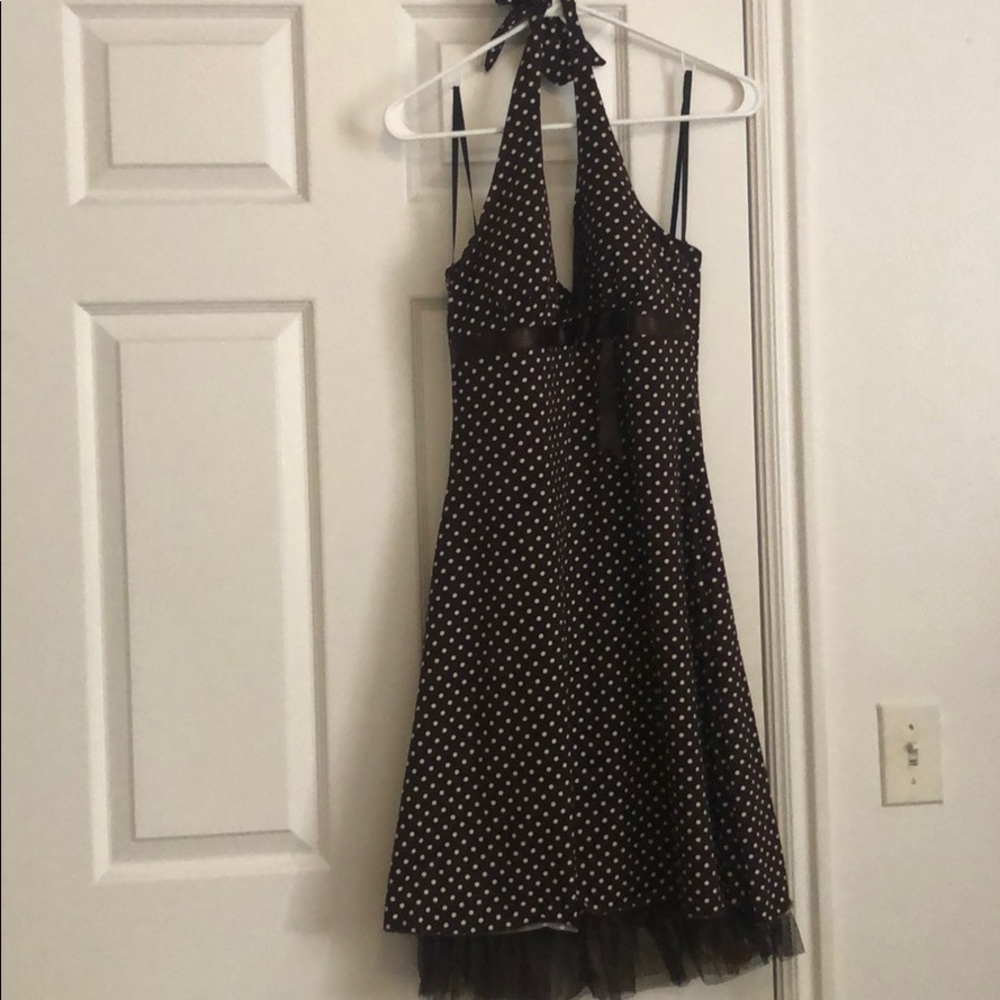 Medium brown and white polka dot halter dress